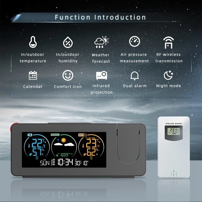 Weather Station Projection Alarm Clock In/Outdoor Color Screen Digital Thermometer Hygrometer Barometer Wireless Forecast Sensor