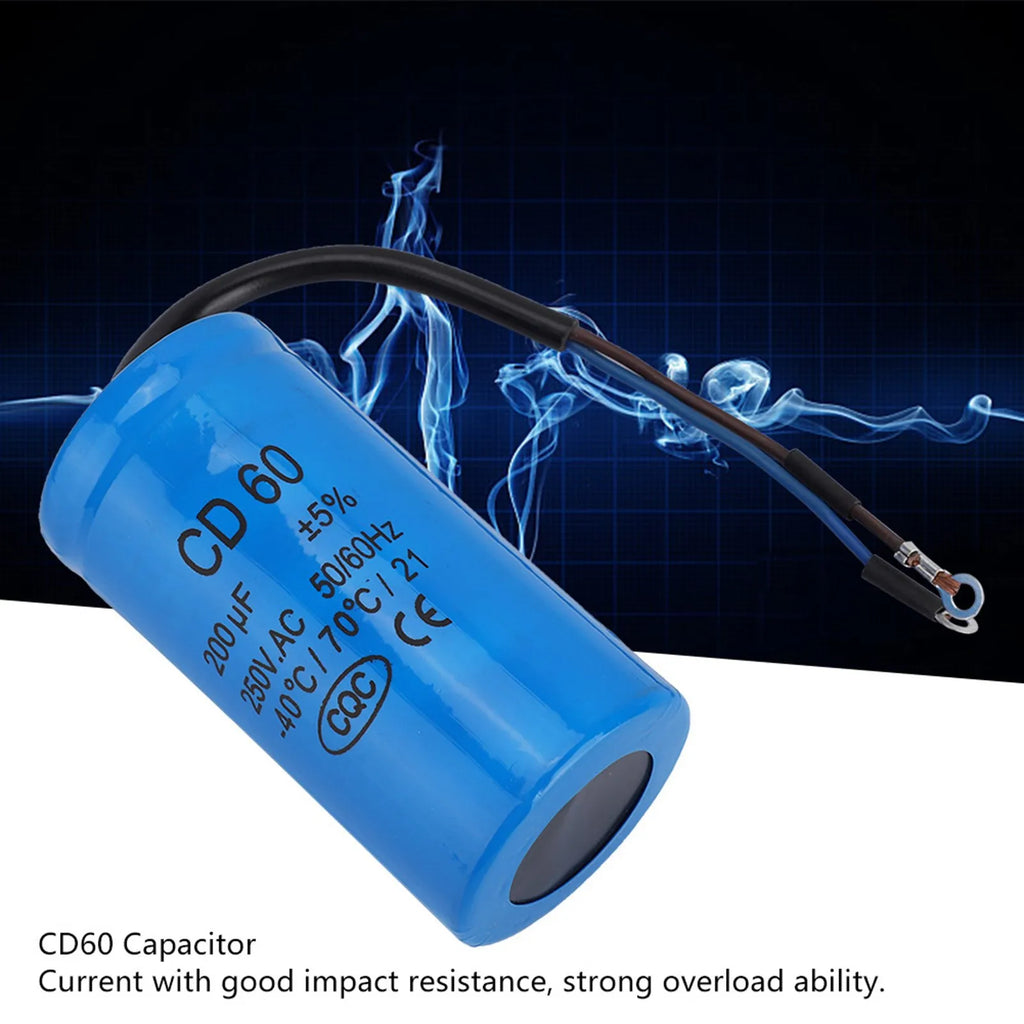 CD60 Run Capacitor with Wire Lead 250V AC 200uF 50/60Hz for Motor Air Compressor