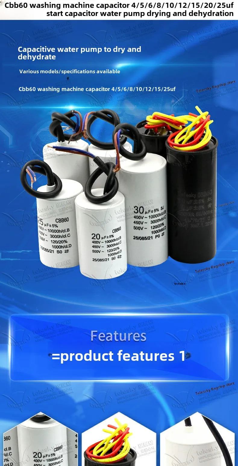 CBB60 Capacitor 450V AC Motor Run Capacitors 3/4/5/6/8/10/12/14/15/16/18/20/30/35/40/50/60/70UF for Washing Machine, Water Pump