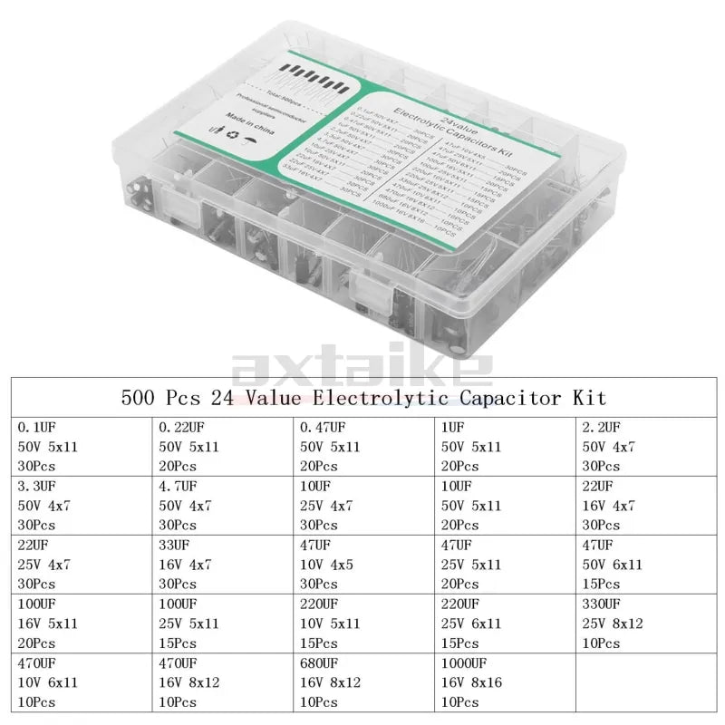 120/200/500Pcs 16V 25V 50V 0.1uF - 1000uF Aluminum Electrolytic Capacitor Assorted Kit Box 1uF 4.7uF 10uF 47uF 220uF 330uF 470uF