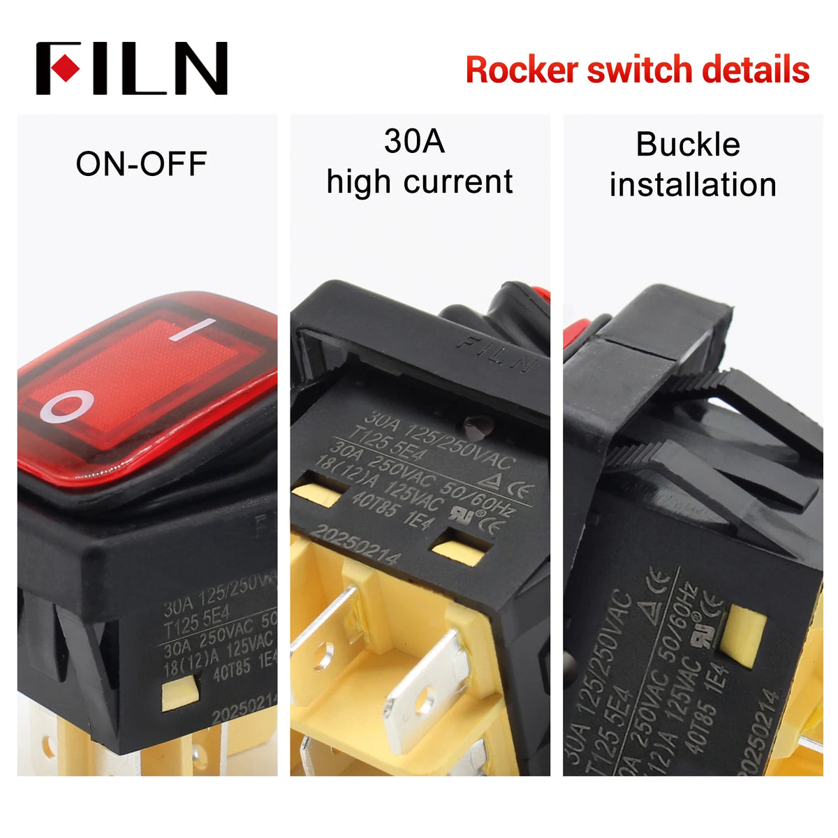 FILN 30A Heavy Duty Waterproof Rocker Switch 4 Pins IP67 12V 24V 110V 220V Ideal for Boat Marine Car Accessories Toggle Switches