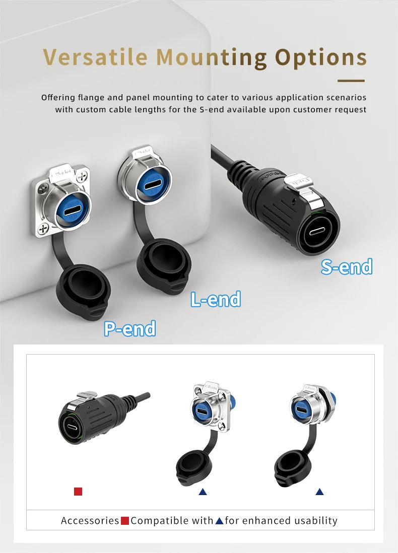EW-LP16 Type-C USB 3.1 5A Female Socket Rear Nut Locking Jack Panel Mount Connector Waterproof Fast Charging Data Wire Cable