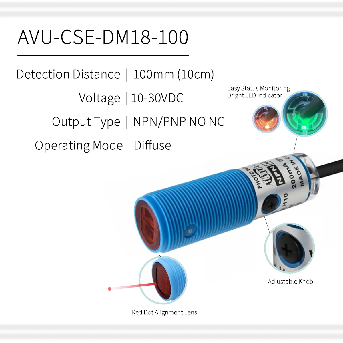 CSE M18 Photoelectric Sensor Diffuse Reflective Retro-reflective NPN PNP Infrared Red Light 10-30VDC