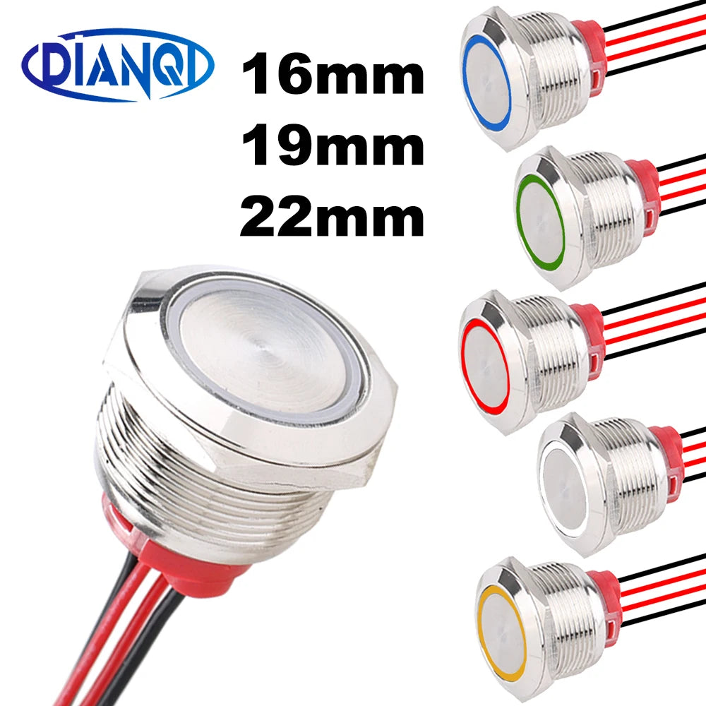 1 pc 22mm19mm16mm Waterproof Metal Push Button Switches With 4 Wires 165mm 1NO Red Green Blue 12-24V High Momentary latching