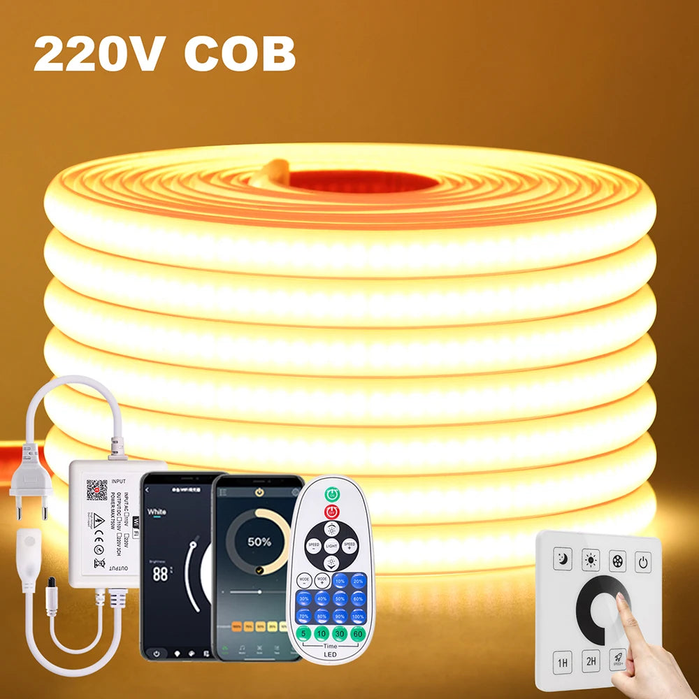 Dimmable COB LED Neon Light Strip Remote Power Kit Wifi Bluetooth Wall Touch 220V 23key Controller 288LEDs/m IP65 Flexible Lamp