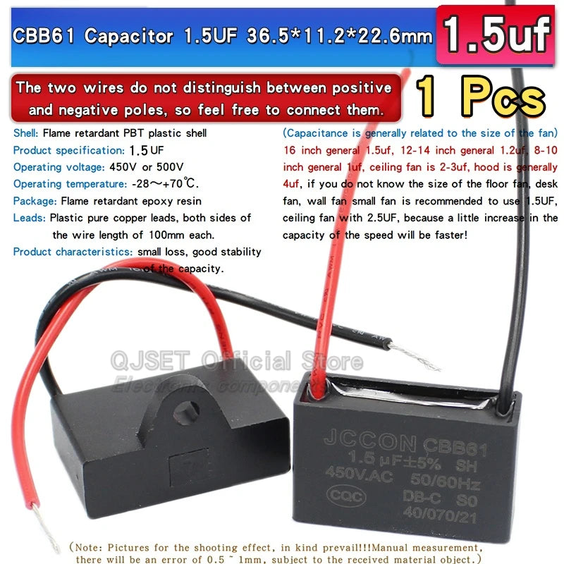 1pcs CBB61 Fan Starting Capacitor 450V 0.8/1/1.2/1.5/2/2.5/3/3.5/4/4.5/5/6/7/8/10/12/15/18/20UF Ceiling Fan Hood Motor Capacitor