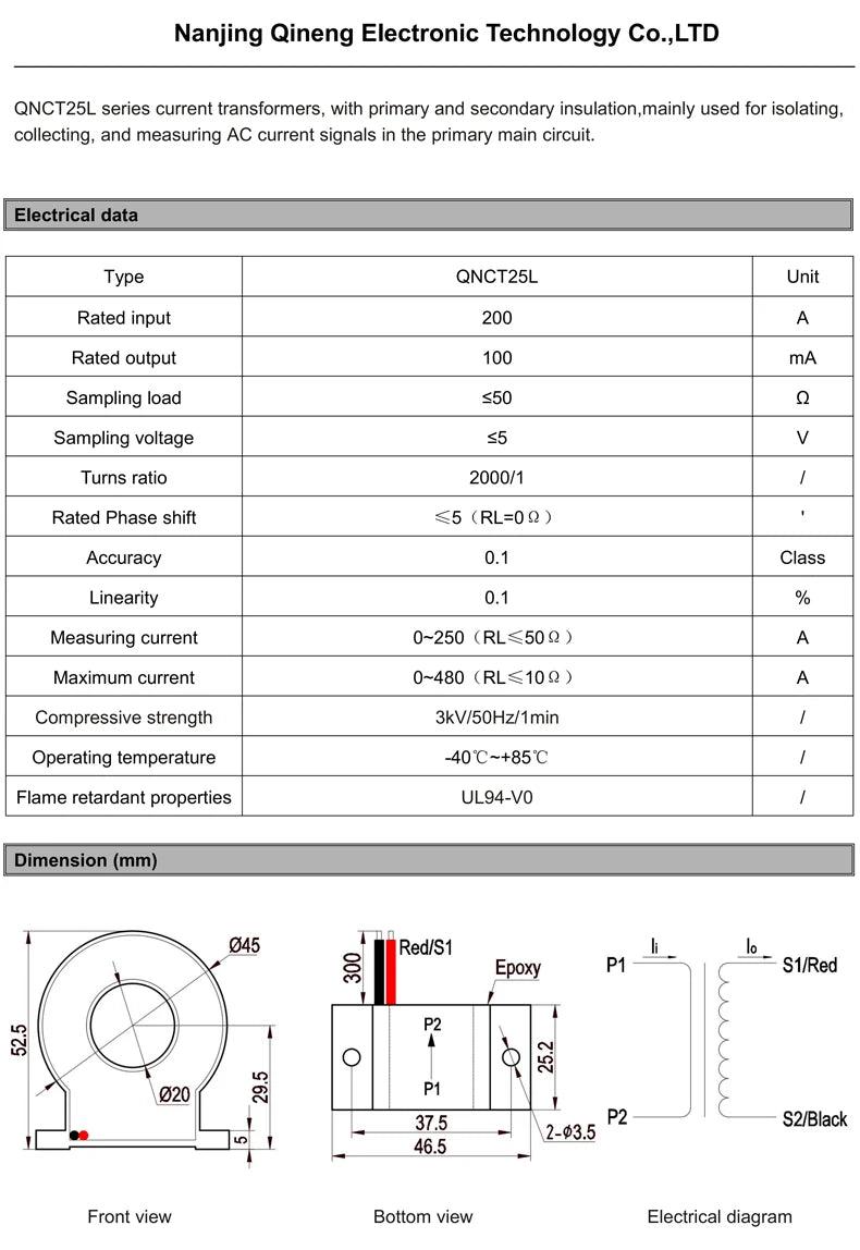 0.1class High Precision Current Transformer 200A 100mA 2000/1 QNCT25L Micro Current Transformer CT Factory