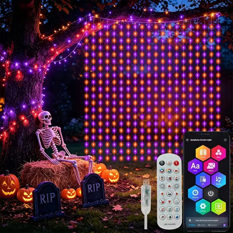 Smart RGB LED Curtain Fairy Lights, Remote-Controlled & Music-Synchronized, Indoor Outdoor Christmas Decoration Lights