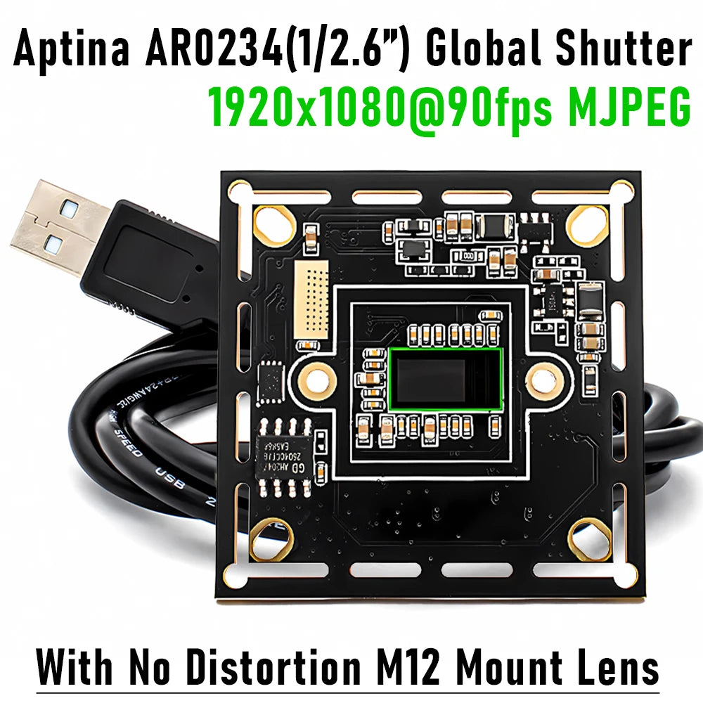 1080P 90FPS Global Shutter USB Camera, High Speed Web Camera with M12 No Distortion Lens, Plug Play for Machine Vision Security