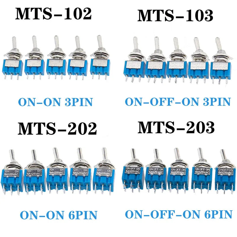 DL 5Pcs Miniature Lever Toggle Switch Single Pole Double Throw ON-OFF-ON /ON-ON 120VAC 6A 1/4 Inch Mounting MTS-102 103 202 203