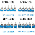 DL 5Pcs Miniature Lever Toggle Switch Single Pole Double Throw ON-OFF-ON /ON-ON 120VAC 6A 1/4 Inch Mounting MTS-102 103 202 203