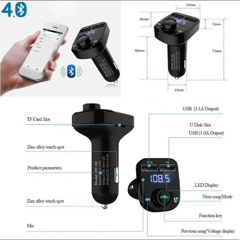 Wireless Bluetooth FM Transmitter MP3 Player With Hands-Free Calling Radio Receiver Dual USB Charger & Music Stereo Adapter