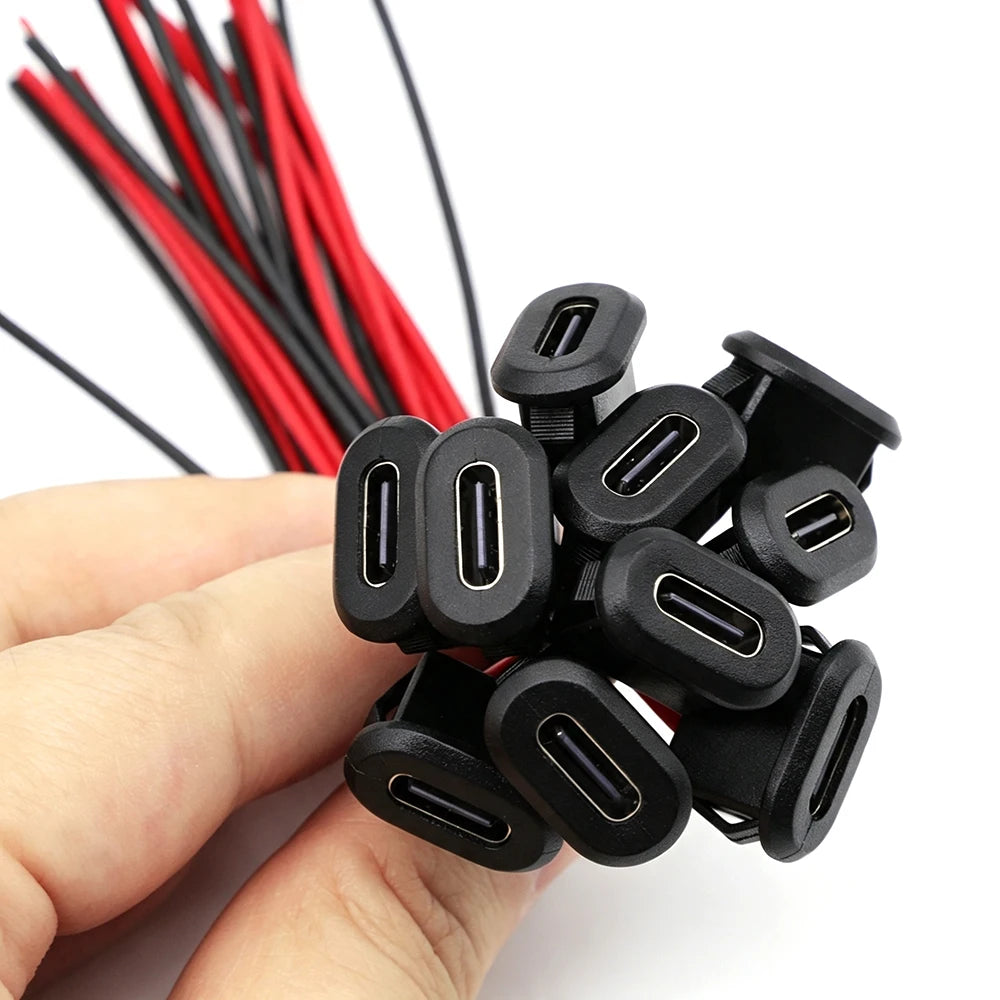 10PCS Type-C Female Chassis 2Pin Connector Waterproof Type-C Female Socket Fast Charging Port USB-C 2P Pigtail Cable DIY