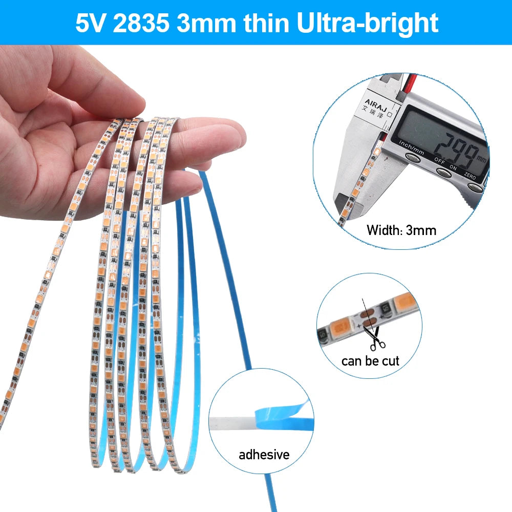 3MM 5MM 8MM Width DC 5V LED Strip 2835 120LEDs/m 1 LED Per Cut Flexible Tape IP20 Not Waterproof Warm Natural Cool White 1M-5M