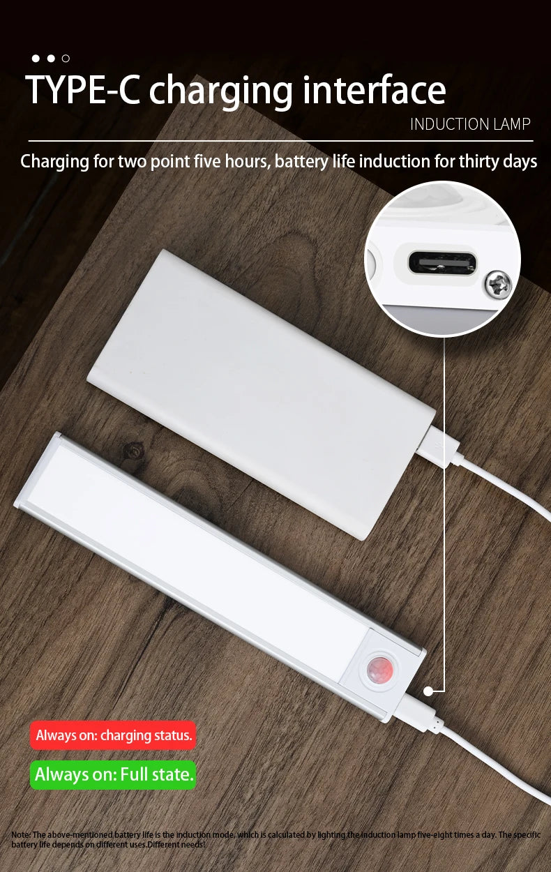 LED Night Light 20/30/40/60CM Motion Sensor Wireless USB Cabinet Night Light Wardrobe Lamp For Kitchen Cabinet Bedroom Wardrobe