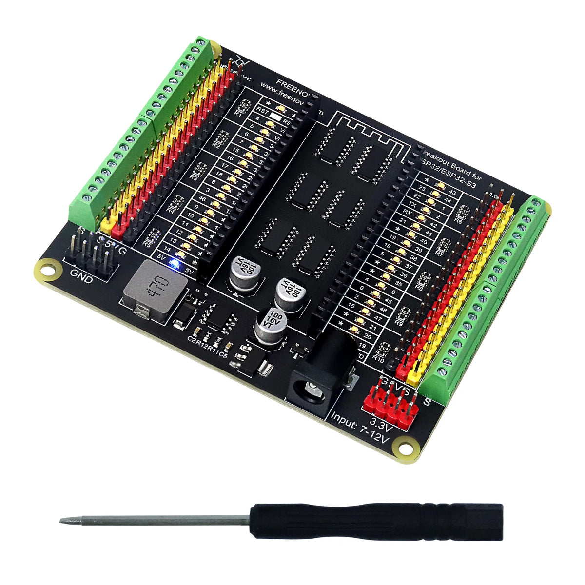 Freenove Breakout Board for ESP32 ESP32-S3, Terminal Block Shield HAT with Pin Header, GPIO Status LED, Multiple 5V 3.3V Outputs