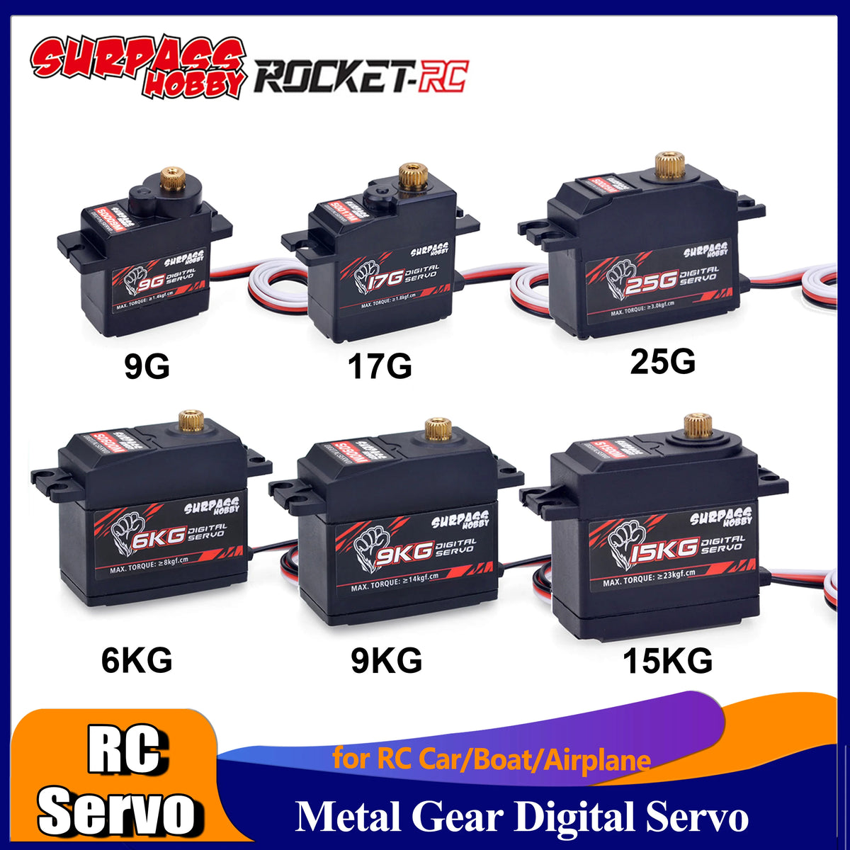 SURPASS HOBBY 9G 17G 25G 6KG 9KG 15KG 20KG Metal Gear Digital Motor RC Servo for Car Plane Robot Boat Model Wltoys Axial SCX24