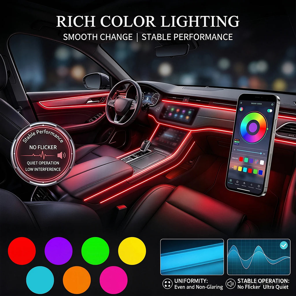 Car Interior Ambient LED Strip Lights RGB Fiber Optic Atmosphere Ultra-thin Heat-resistan Neon Lighting APP Control Decor Lamps