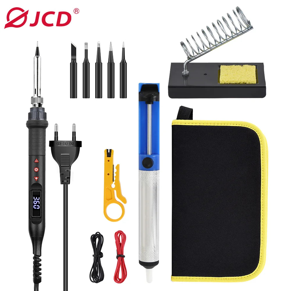 JCD Digital Soldering Iron Set Kit 80W with ON/OFF Switch Adjustable Temperature LCD Welding Tools Ceramic Heater Soldering Tips
