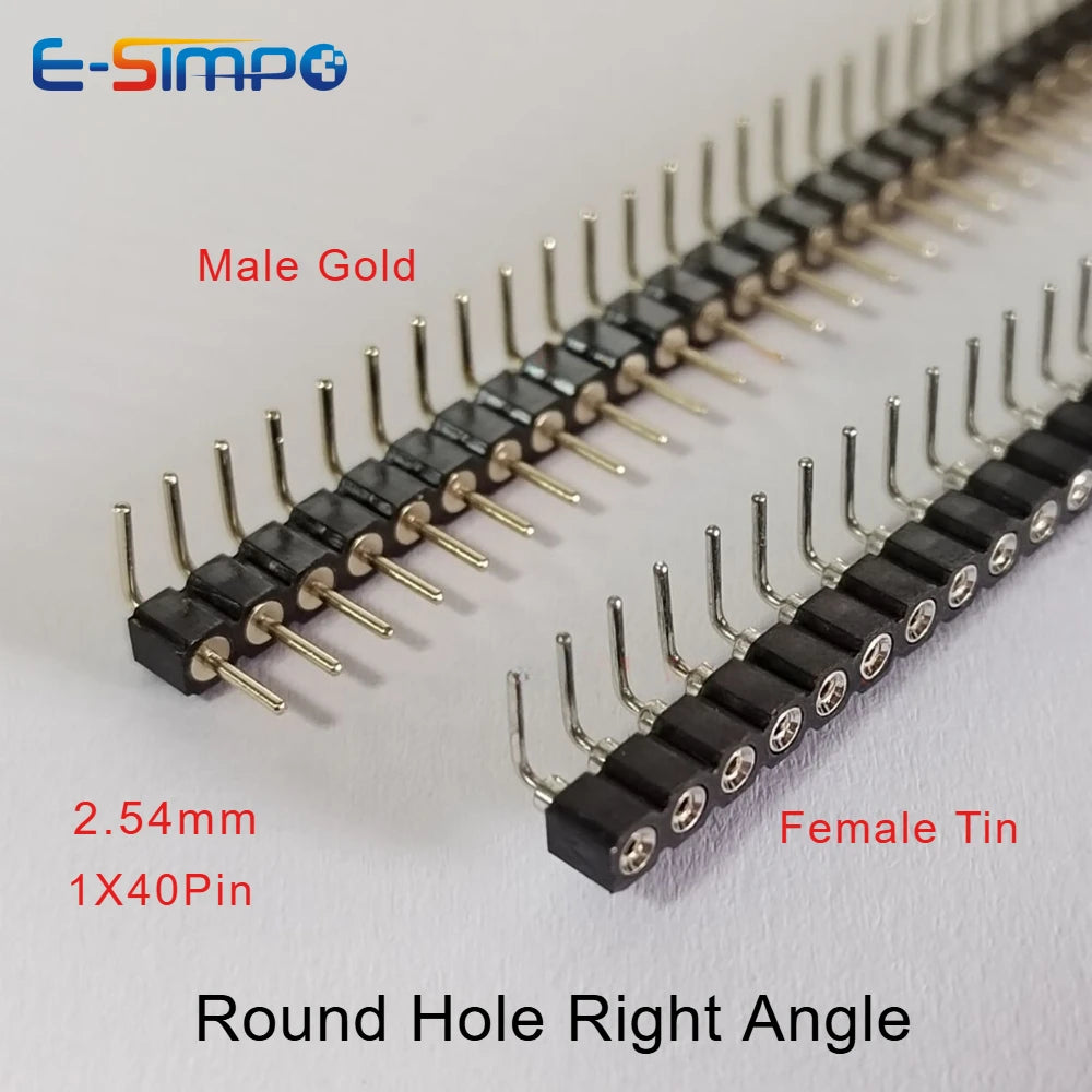 Round Hole 1x2/3-40P 2.54mm Right Angle Single Row RA Pin Header Connector PCB IC Crystal Transistor Female Tin Male Gold Socket