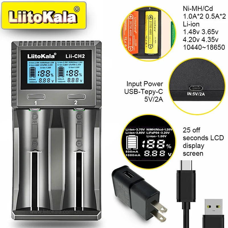 LiitoKala Lii-CH4 Smart Charger for 18650/21700/26650/AA/AAA/Ni-MH/Li-ion,1.2V/1.5V 4-Slot Fast Charge, USB-C, Auto Detect