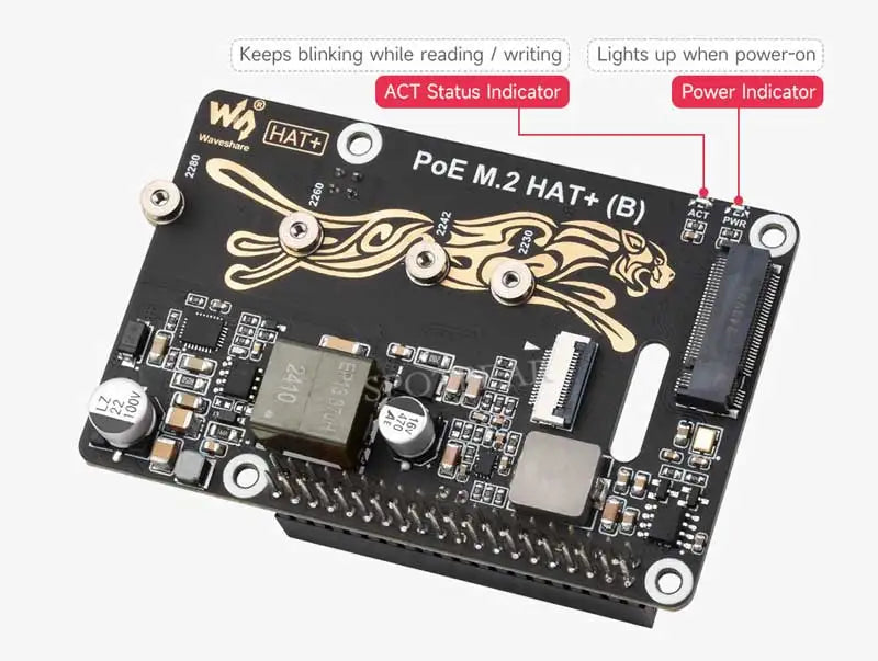 Raspberry Pi 5 PoE Power And PCIe M.2 NVMe SSD HAT PLUS (B) 2230/2242/2260/2280 For PI5
