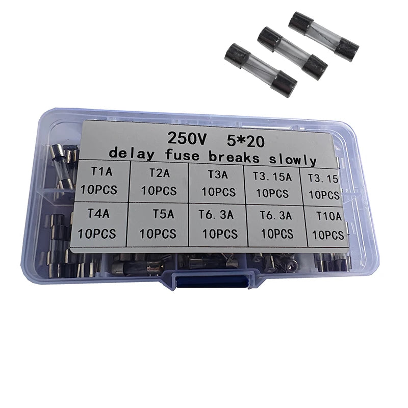 100PCS Slow Break 5*20mm Delay Fuse Tube 250V T1A T2A T3.15AT4A T5A T6.3A T10A Box Spiral Wire Glass Fuse Tube Delay
