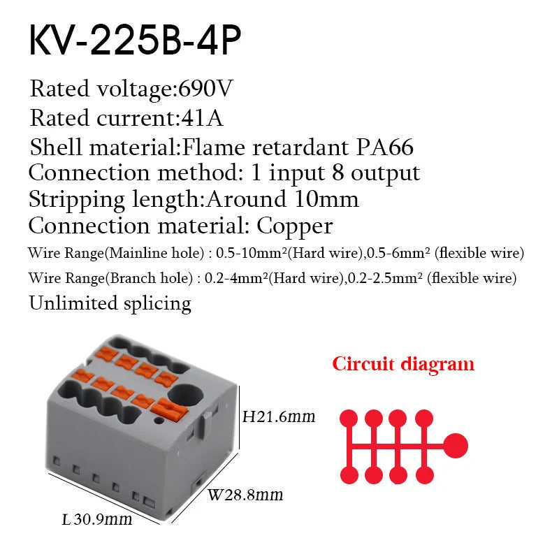 1PC 225 Series Wire Connectors Plug-in Electrical Terminal Block Spliceable One In Multiple Out Splitter Guide Rail Junction Box