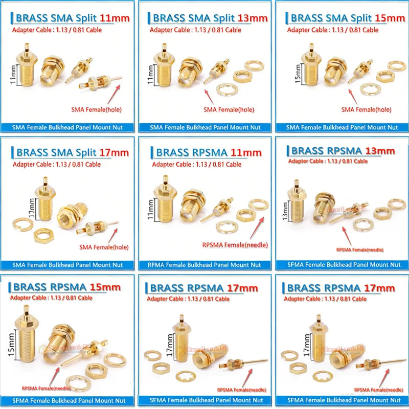 SMA Female Window split Welding Solder 1.13 0.81 Cable Plug 11/13/15/17mm RPSMA RP-SMA Female Washer Nut RF Connector Socket