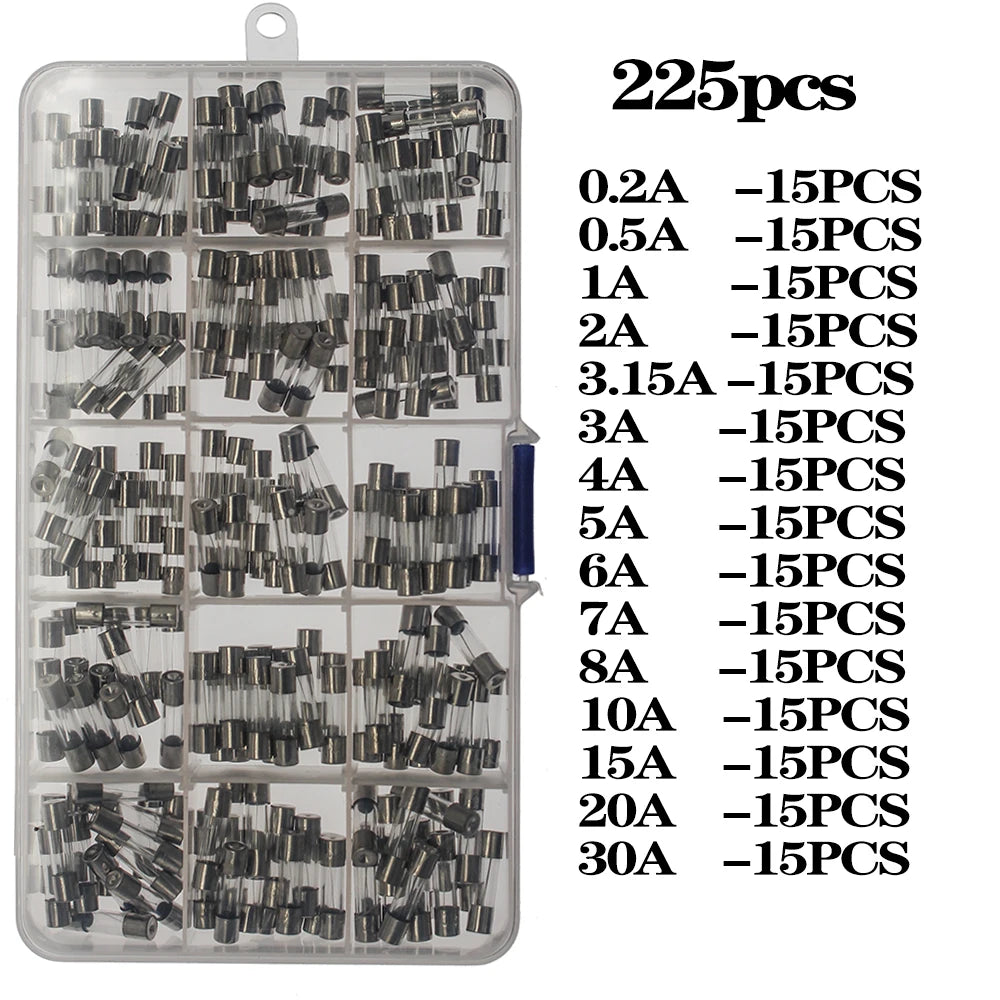 100pcs/225pcs 5x20mm 0.1A-30A Household Fuses Electrical Assorted Fuse Amp Fast-blow Glass Fuse Mix Set With Box 0.2A 0.5A 1A 2A