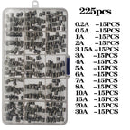 100pcs/225pcs 5x20mm 0.1A-30A Household Fuses Electrical Assorted Fuse Amp Fast-blow Glass Fuse Mix Set With Box 0.2A 0.5A 1A 2A