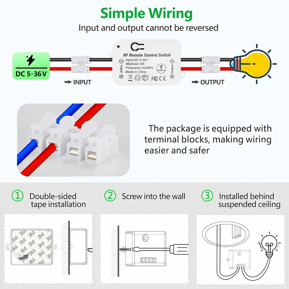 433Mhz Wireless Remote Control Switch DC 6V 12V 24V 30V 36V 10A Mini RF Relay Receiver,50m Transmitter for Pumps Light LED Fan