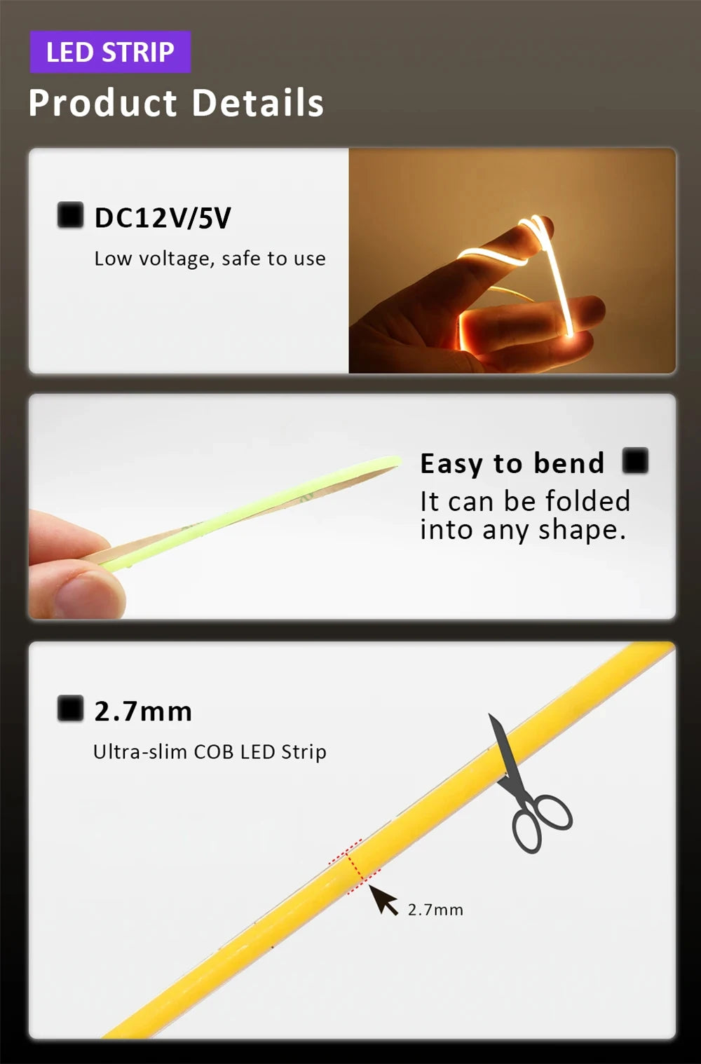 DC 5V USB 2.7mm Super Slim COB LED Strip Light 480LEDs/m White/Pink/Red/Yellow/Ice Blue/Green/Orange Home Decor TV Backlight