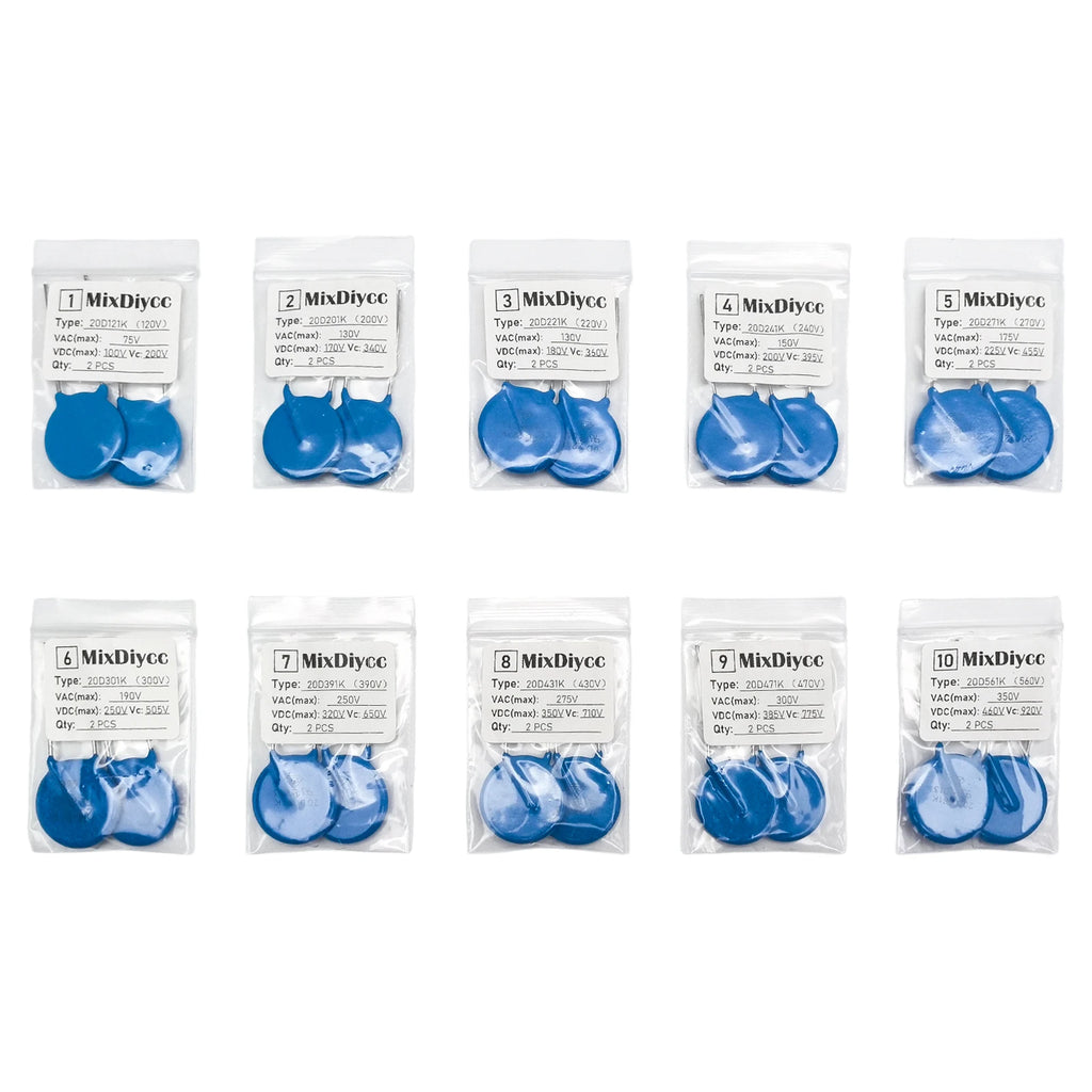 10 Values 20D Varistor Kit piezoresistor resistor VDR 121K/201K/221K/241K/271K/301K/391K/431K/471K/561K Total 20 Pcs