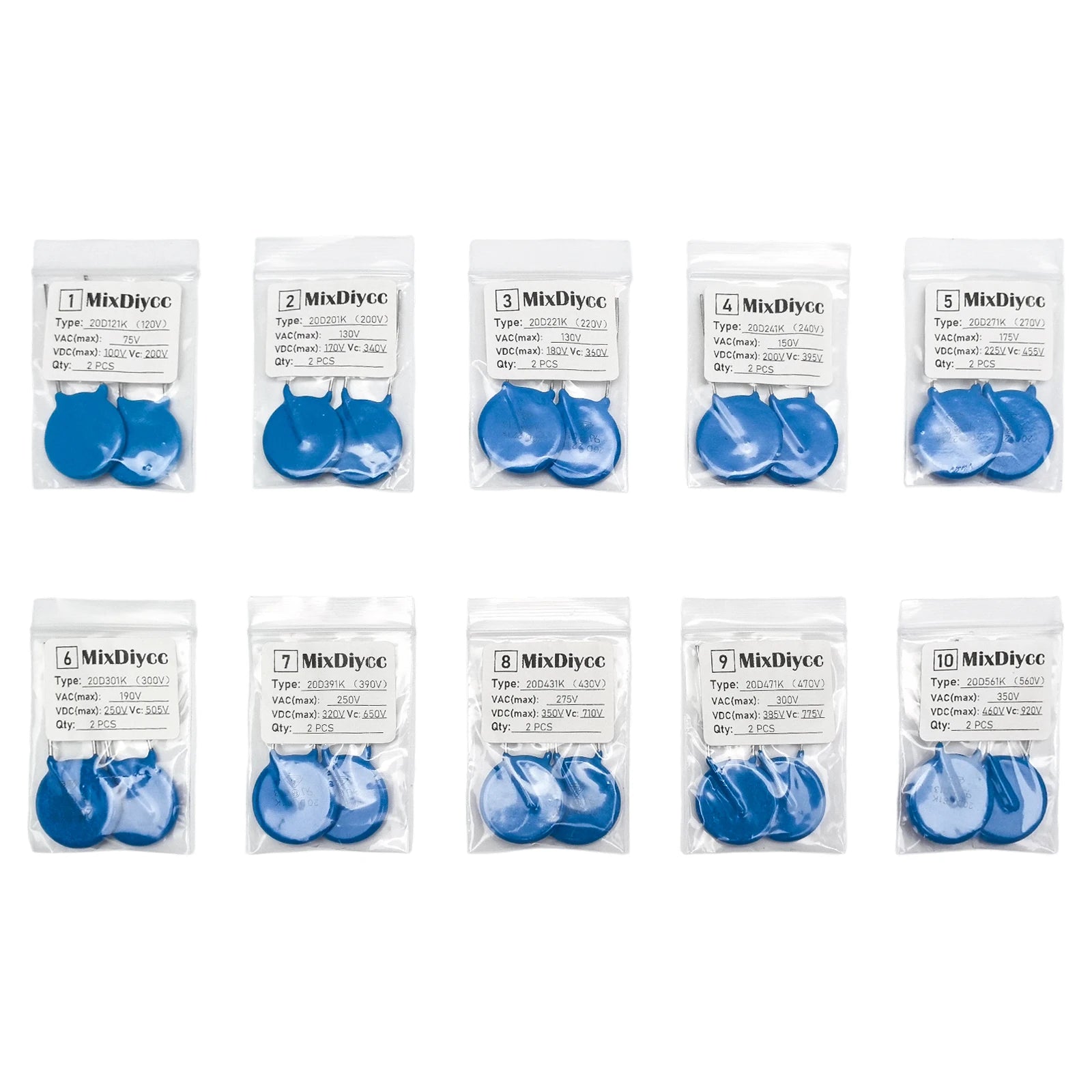 10 Values 20D Varistor Kit piezoresistor resistor VDR 121K/201K/221K/241K/271K/301K/391K/431K/471K/561K Total 20 Pcs