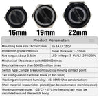 16MM 19MM 22MM Self-return Self-locking Waterproof DPDT Illuminated Metal Selector Knob Rotary Switch 2 3 Position LED Lamp Red