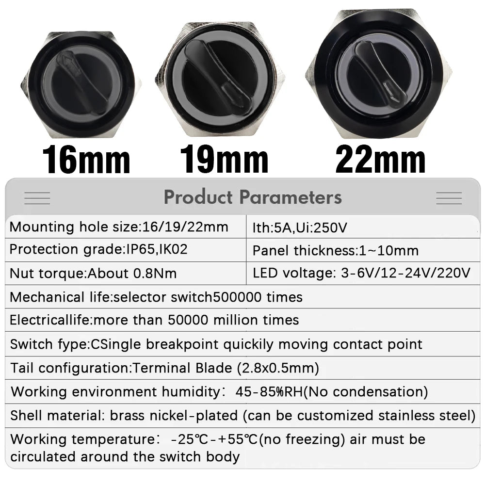 16MM 19MM 22MM Self-return Self-locking Waterproof DPDT Illuminated Metal Selector Knob Rotary Switch 2 3 Position LED Lamp Red