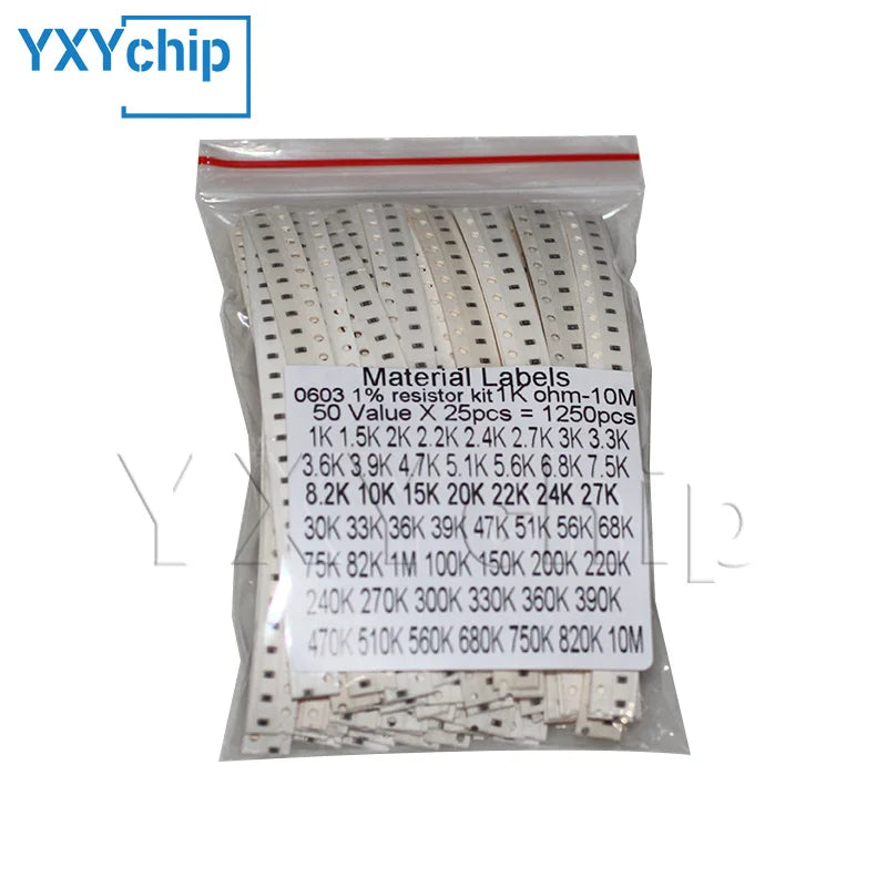Resistor kit 0201 0402 0603 0805 1206 smd Resistor package 50values*25PCS=1250PCS 1% Sample Kit Resisor 1ohm 47ohm 1kohm 10kohm