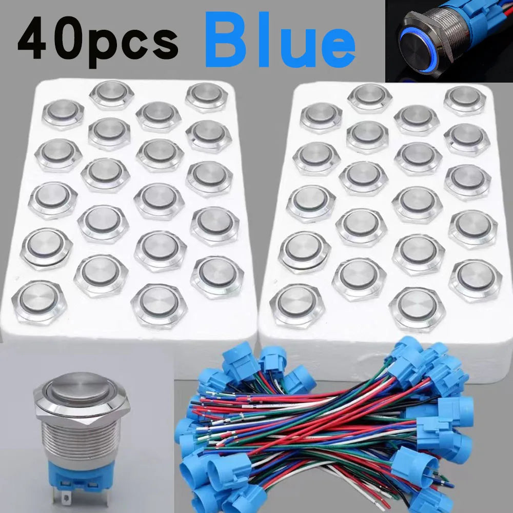 40pcs 22mm Push Button Switch Latching Momentary Metal PC Power LED Light On Off with Wire Waterproof 12v 3v 5v 6v 24v 220v Red