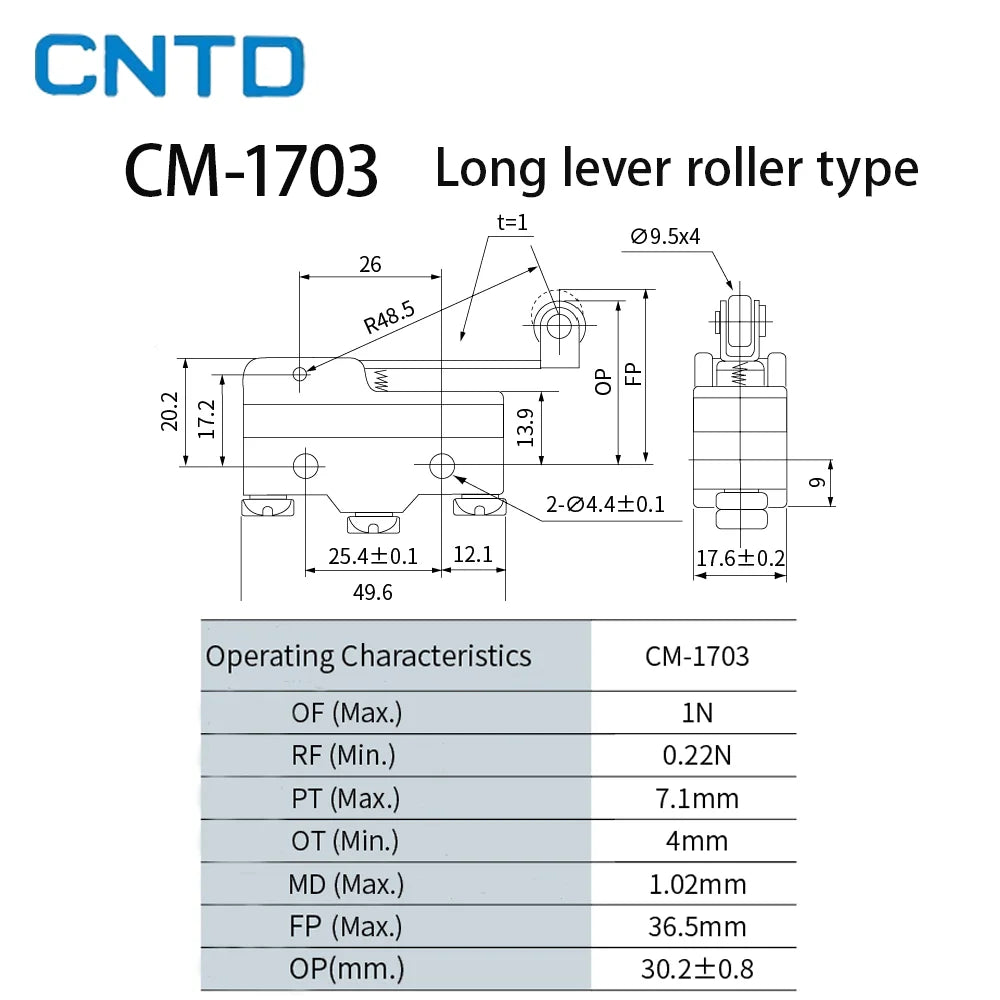 CNTD CM-1703 CM-1703K CM-1703N Micro Switch Limit Switch Travel Switch Self-Resetting Long Handle Roller Snap Action Electrical