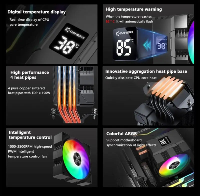 Power Train X-Gamerx Z-1300 9cm with Digital Temperature Display Four Heat Pipe CPU Air Cooler ARGB LGA1700 1200 115X AM4 AM5