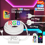 30M 20M 10M RGB LED Neon Strip Light 220V Decor Home Lighting Waterproof Flexible LED Ribbon Remote/Bluetooth/Tuya WiFi Control