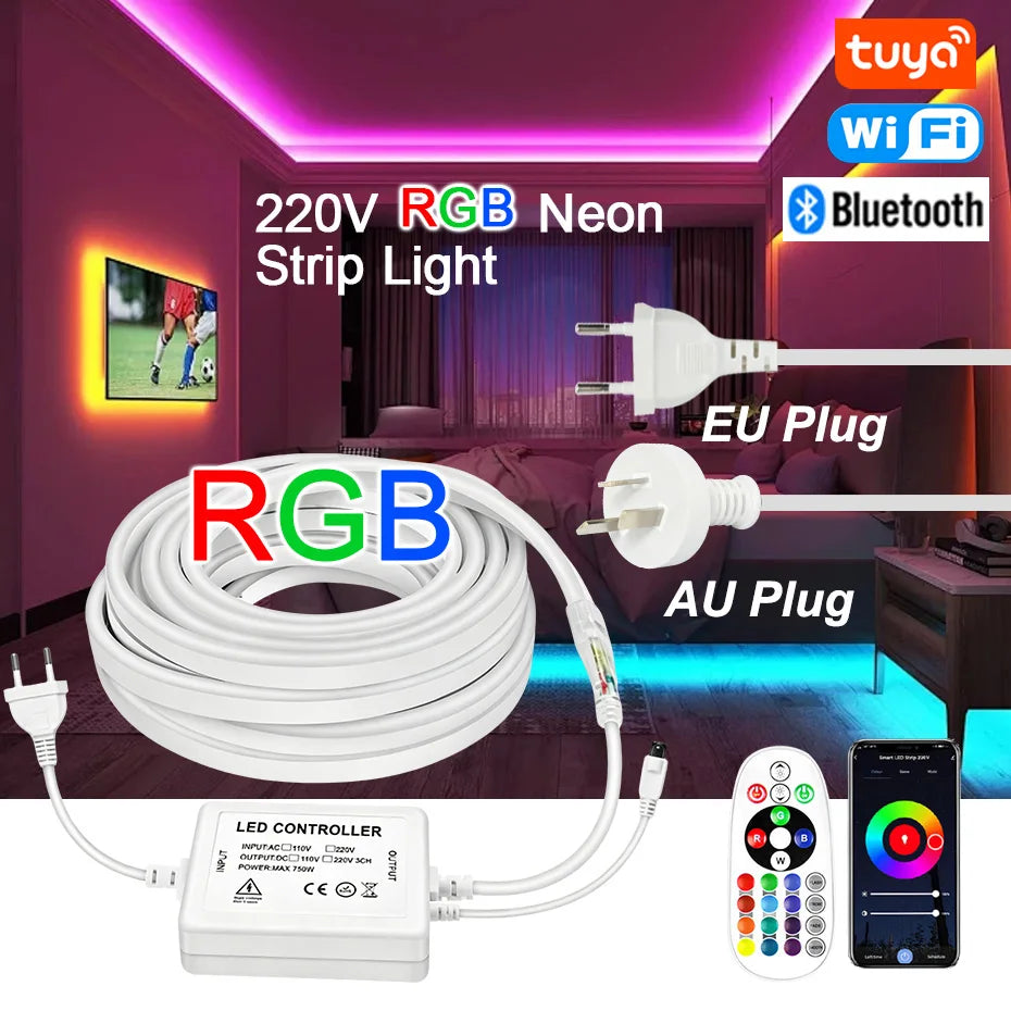30M 20M 10M RGB LED Neon Strip Light 220V Decor Home Lighting Waterproof Flexible LED Ribbon Remote/Bluetooth/Tuya WiFi Control