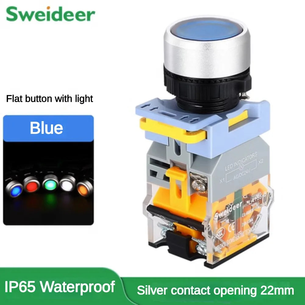 Waterproof Push Button Switch with LED 22mm Momentary Reset Self Locking Power Button Switch with Light 12V 24V 220V 10A 2NO 2NC