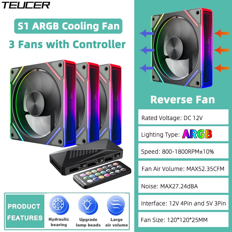 TEUCER Prism  ARGB PC Fan 12cm Computer Case Fan Kit Water Cooler 4pin PWM 5V 3PIN Cooling Fans