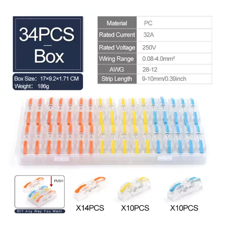 Boxed 34PCS Lever Quick Home Wire Connectors Terminals Conductor Spliceable Butt Wiring Block Reusable Electrical Connectors