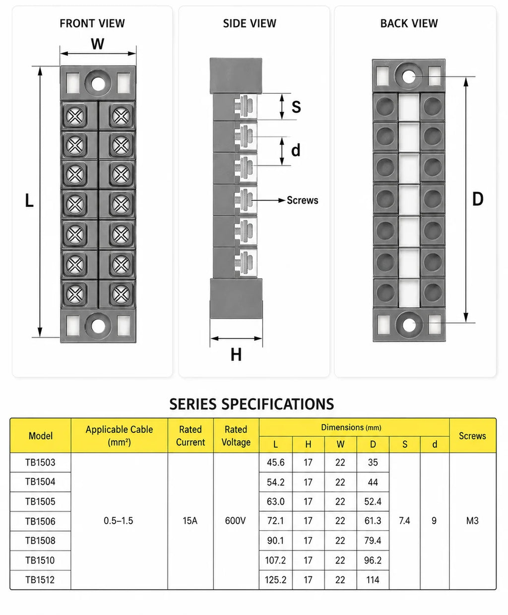 Screw Terminal Block TB Series Dual Row Barrier Strip 3/4/5/6/8/10/12P 15A 25A 45A 600V Panel Mount Electrical Wire Connector