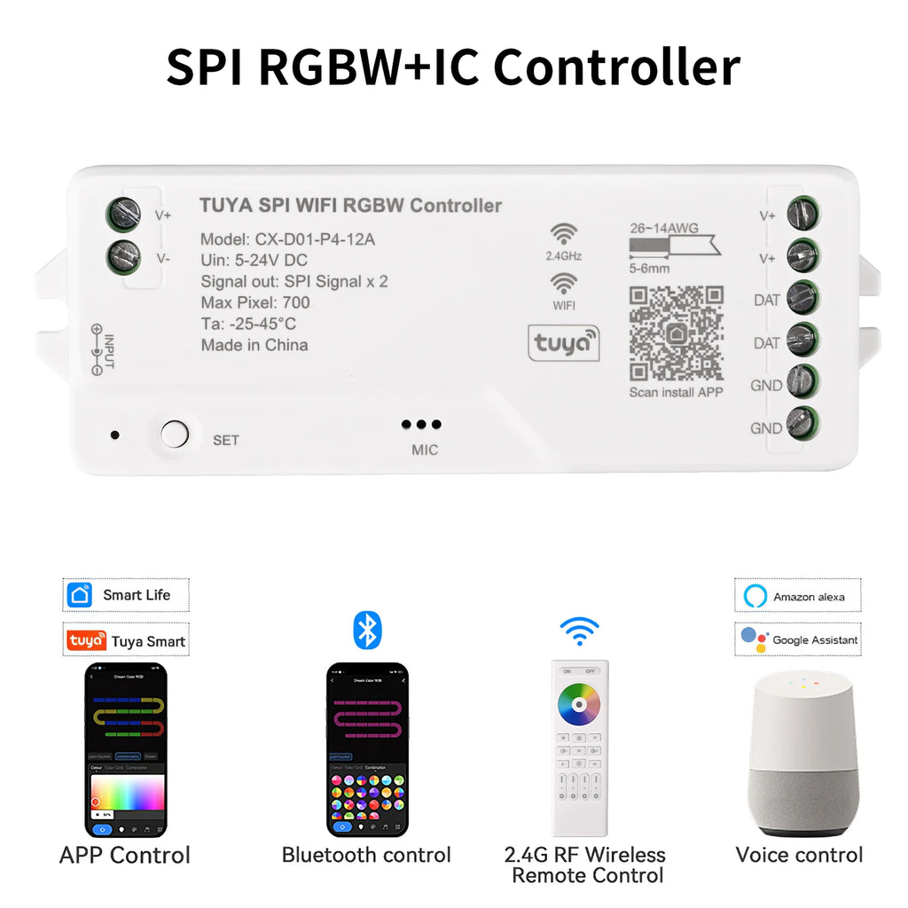 Tuya Wifi LED SPI RGBIC RGBWIC Controller WS2811 WS2812B SK6812 Addressable LED Strip Light Voice Control Alexa Google 5-24V