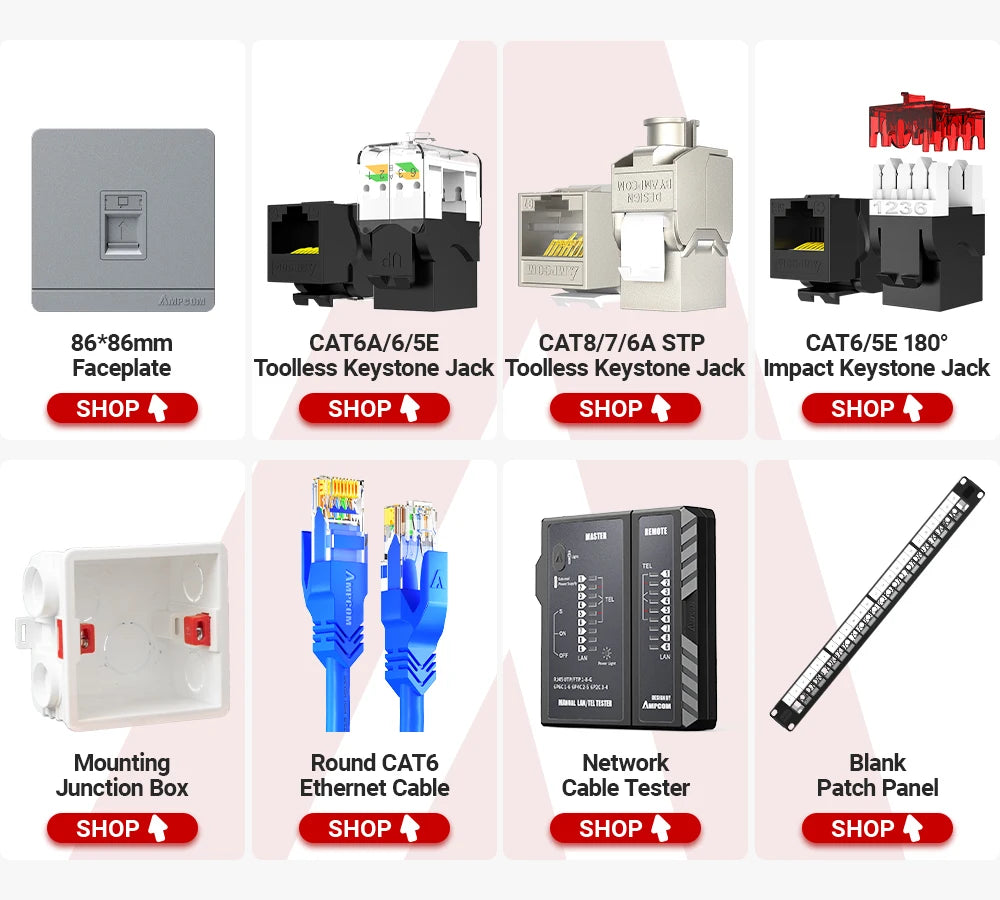 AMPCOM CAT6A CAT6 Tool Less Keystone Jack,  RJ45 UTP Keystone Module Adapter No Punch-Down Tool Couplers Modular Connector