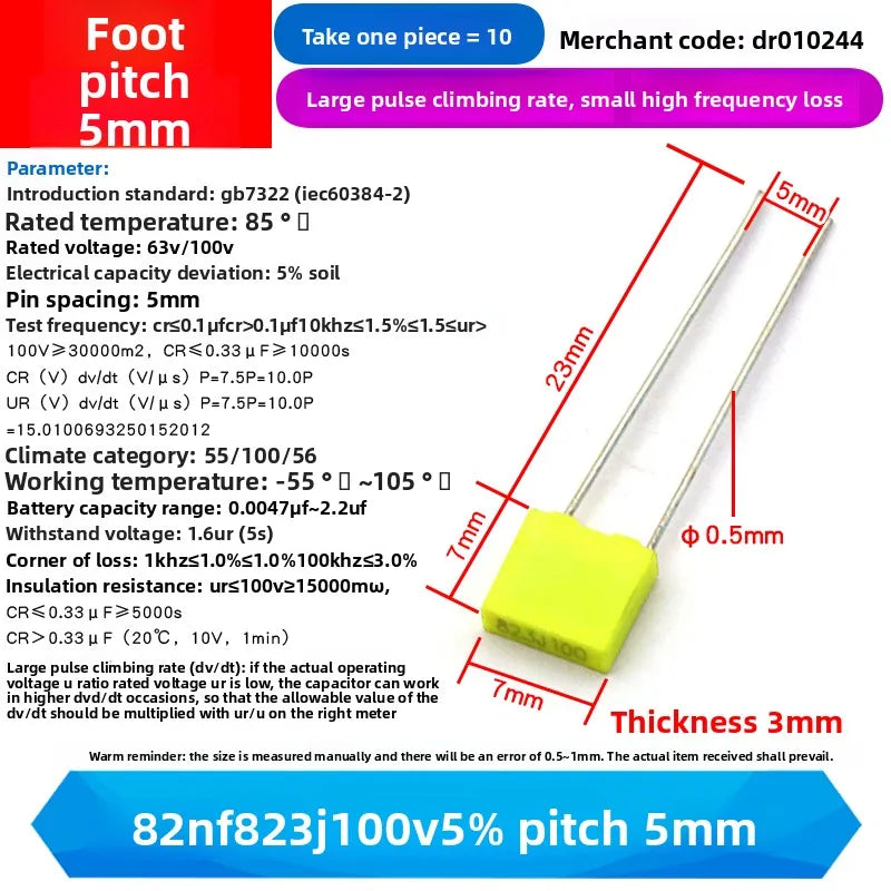 10PCS 100V Correction Capacitor Polypropylene Safety Plastic Film 100V 1nF ~ 470nF 100nf 220nf 10nf 47nf 22nf 1nf 0.47uf 0.1uf